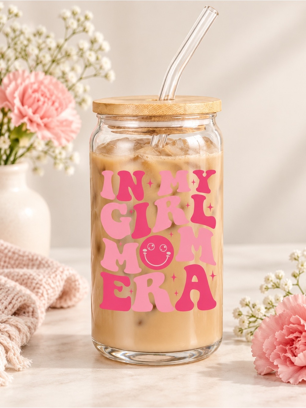 Pink Graphic Glass Drink Jar with Bamboo Lid & Straw🌸